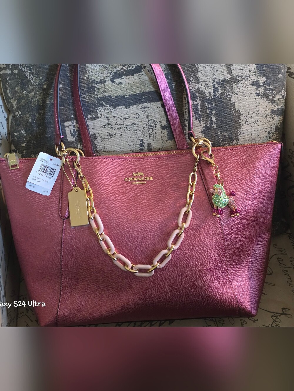 Coach Ava Chain Tote in Metallic Raspberry Crossgrain Leather NWT w/ Charms - Picture 3 of 17